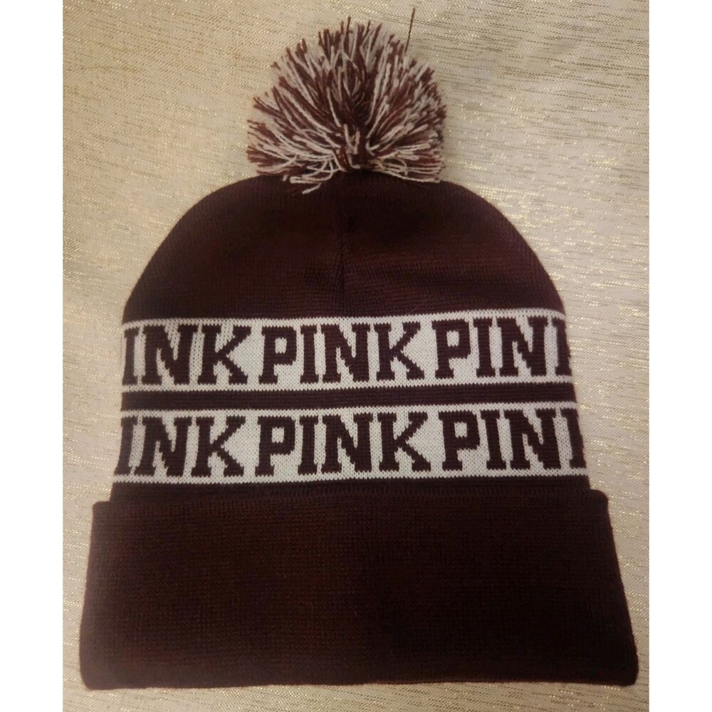 Victoria Secret Pink Burgundy Maroon Pom Pom Beanie Winter Hat Warm OS One Size